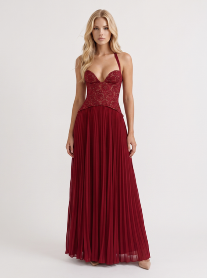 Women red floral lace bodice maxi dress with pleated skirt