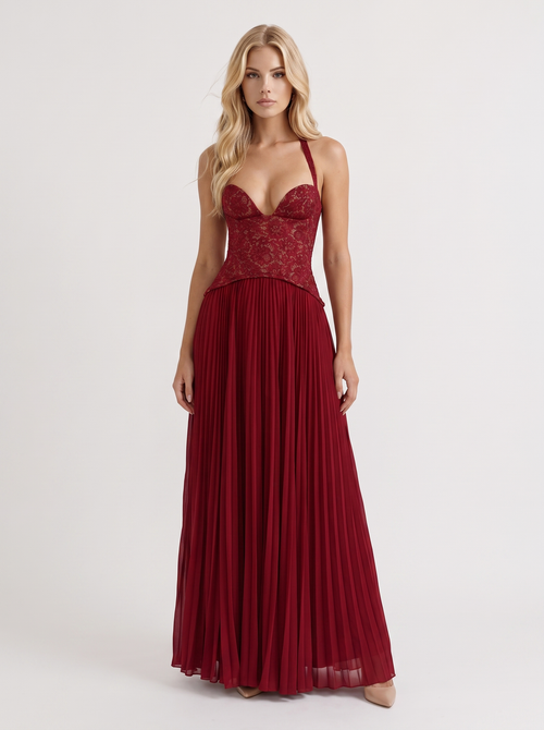 Women red floral lace bodice maxi dress with pleated skirt