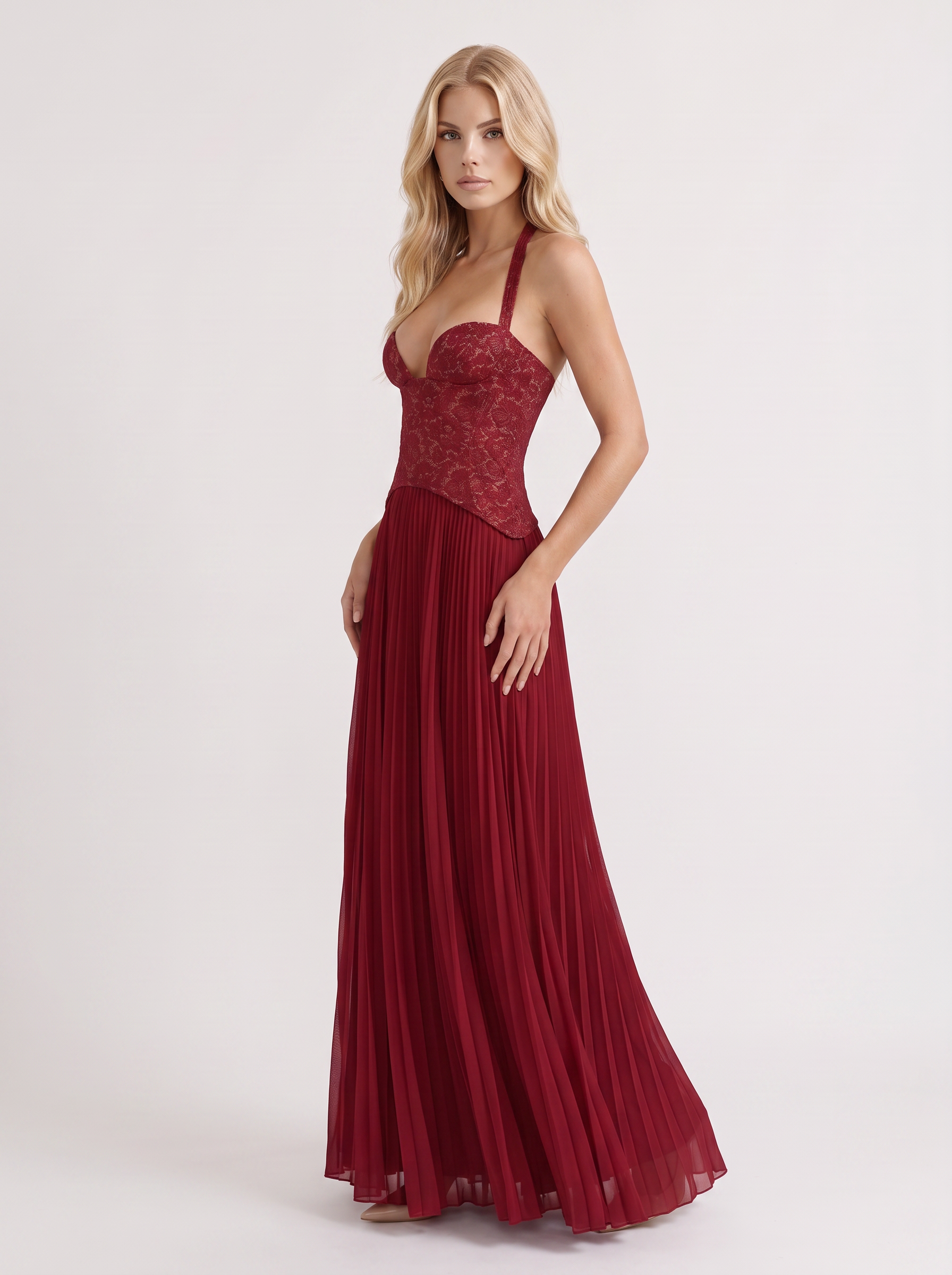 Women red floral lace bodice maxi dress with pleated skirt