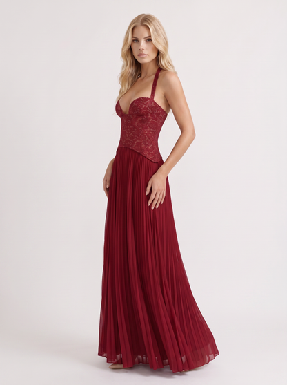 Women red floral lace bodice maxi dress with pleated skirt