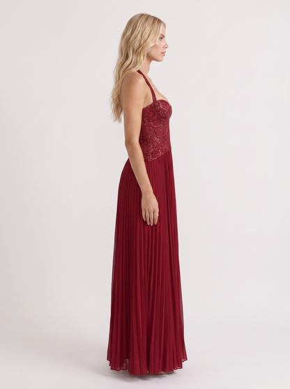 Women red floral lace bodice maxi dress with pleated skirt