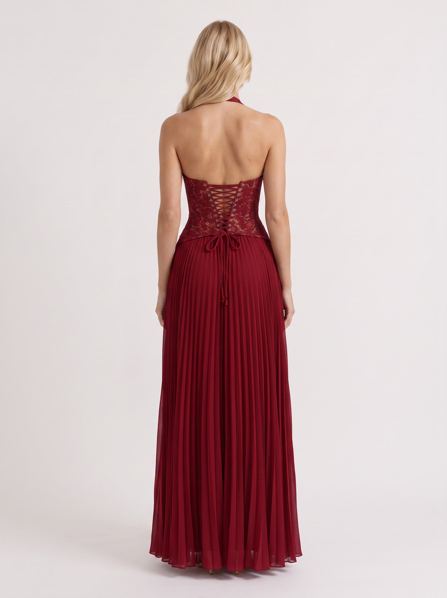 Women red floral lace bodice maxi dress with pleated skirt