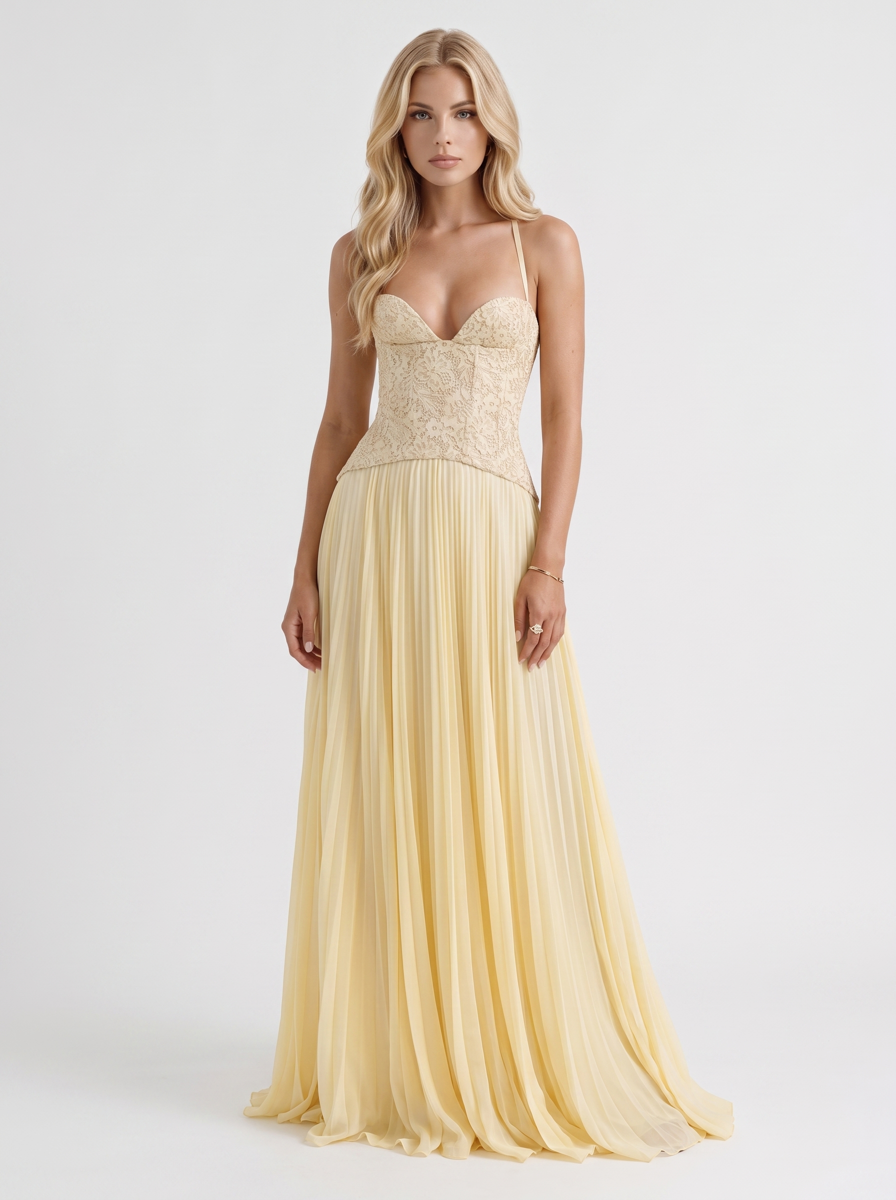 Women yellow floral lace bodice maxi dress with pleated skirt