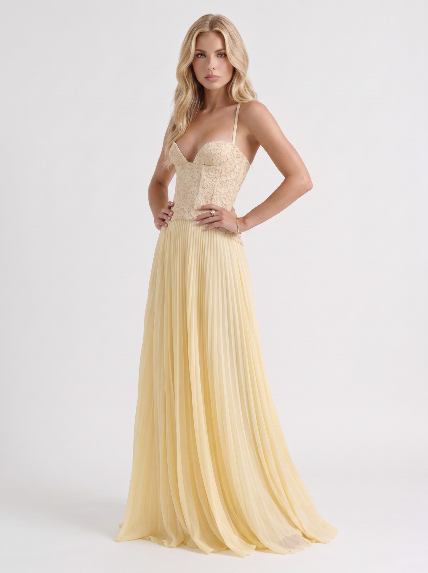 Women yellow floral lace bodice maxi dress with pleated skirt