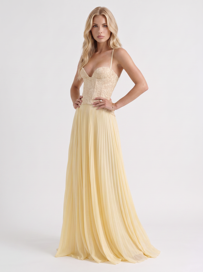 Women yellow floral lace bodice maxi dress with pleated skirt
