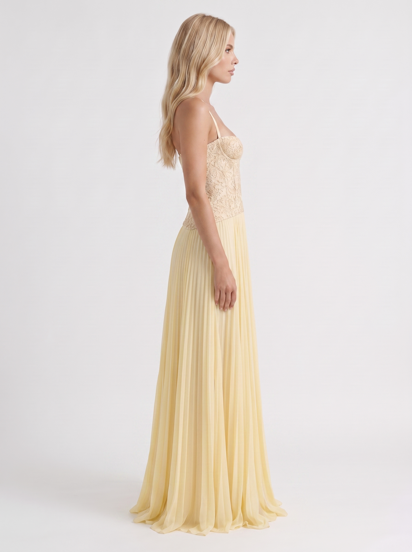 Women yellow floral lace bodice maxi dress with pleated skirt