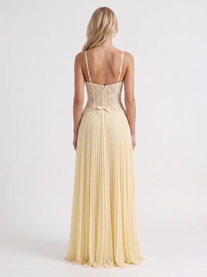 Women yellow floral lace bodice maxi dress with pleated skirt
