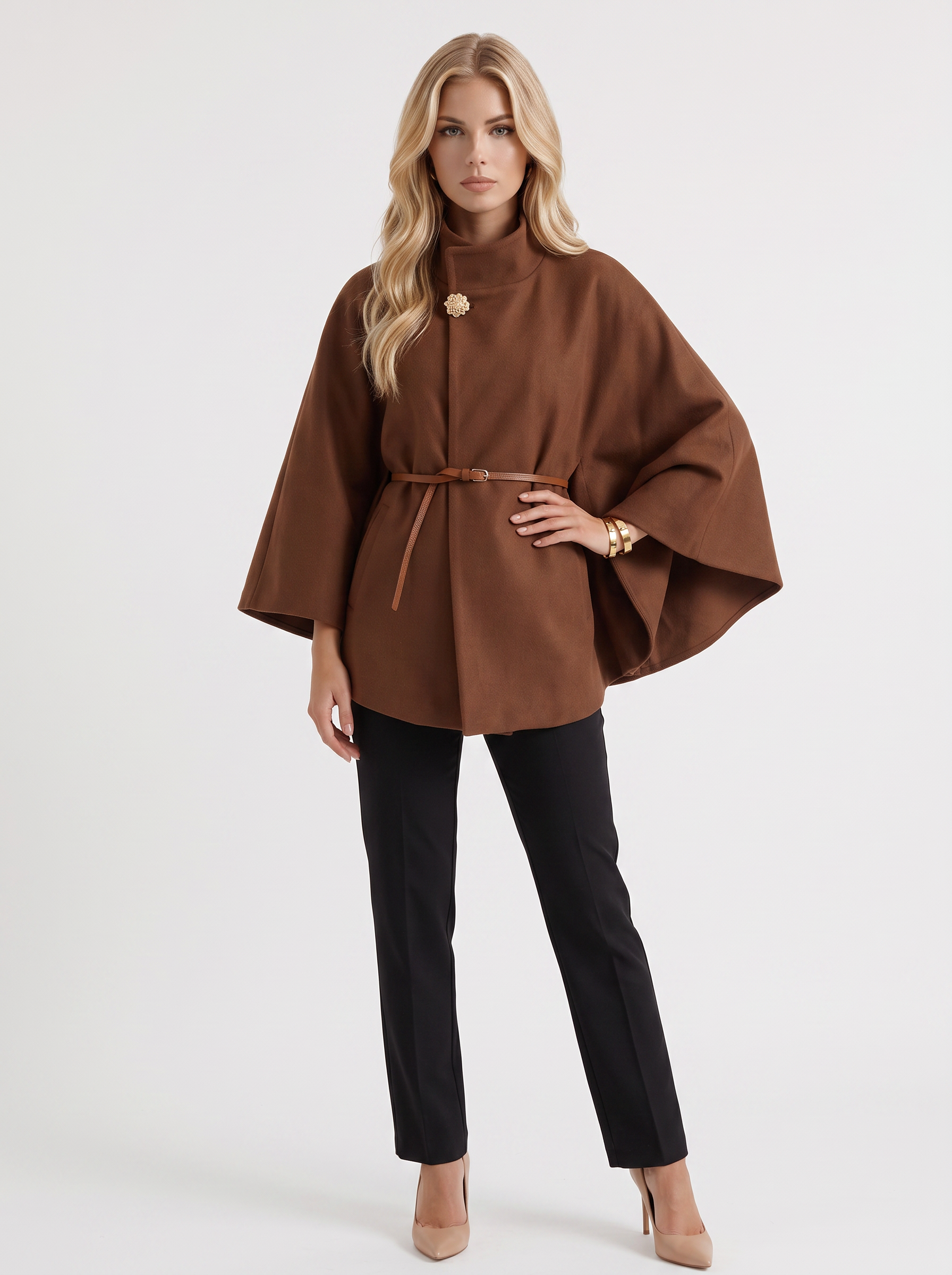 Women brown wool blend cape jacket with funnel neck, button fastening and slim belt, front view