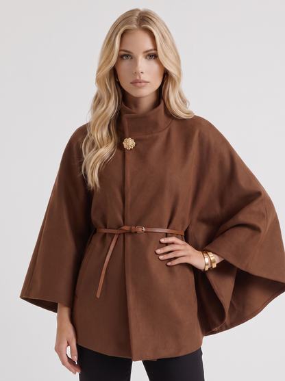 Women brown wool blend cape jacket with funnel neck, button fastening and slim belt, front detail