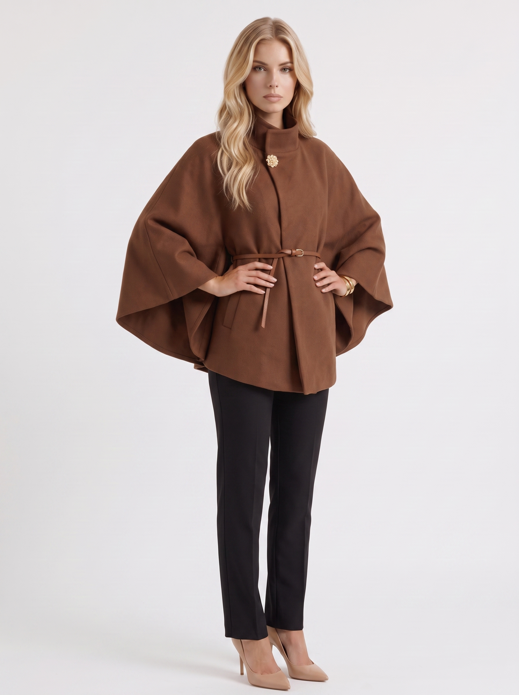 Women brown wool blend cape jacket with funnel neck, button fastening and slim belt, three quarter view