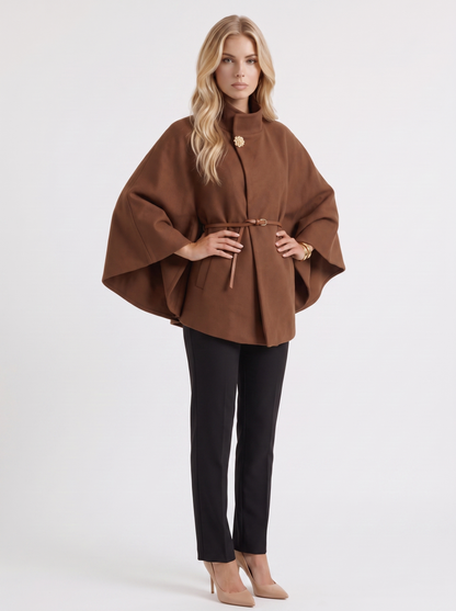 Women brown wool blend cape jacket with funnel neck, button fastening and slim belt, three quarter view