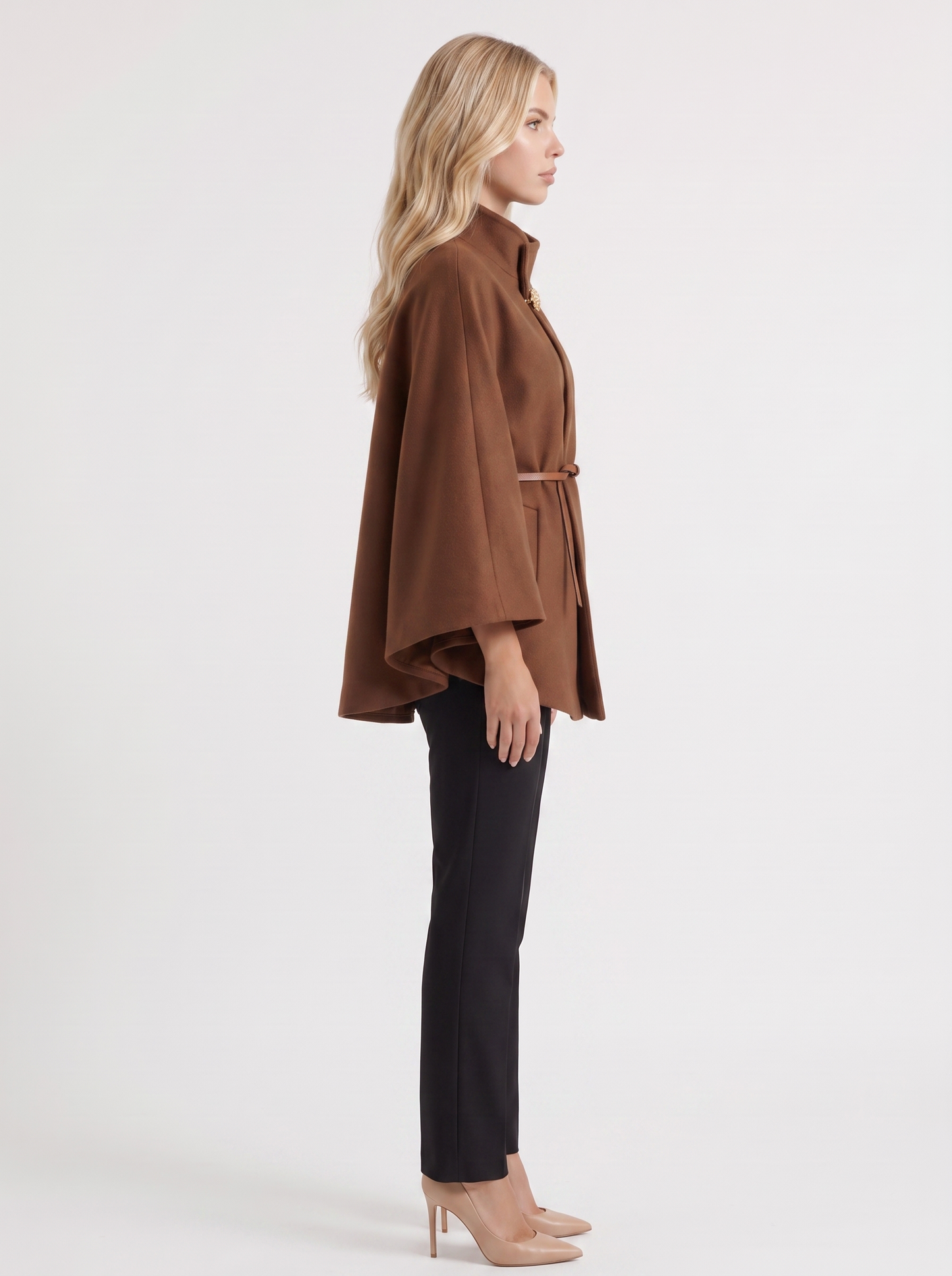 Women brown wool blend cape jacket with funnel neck, button fastening and slim belt, side view