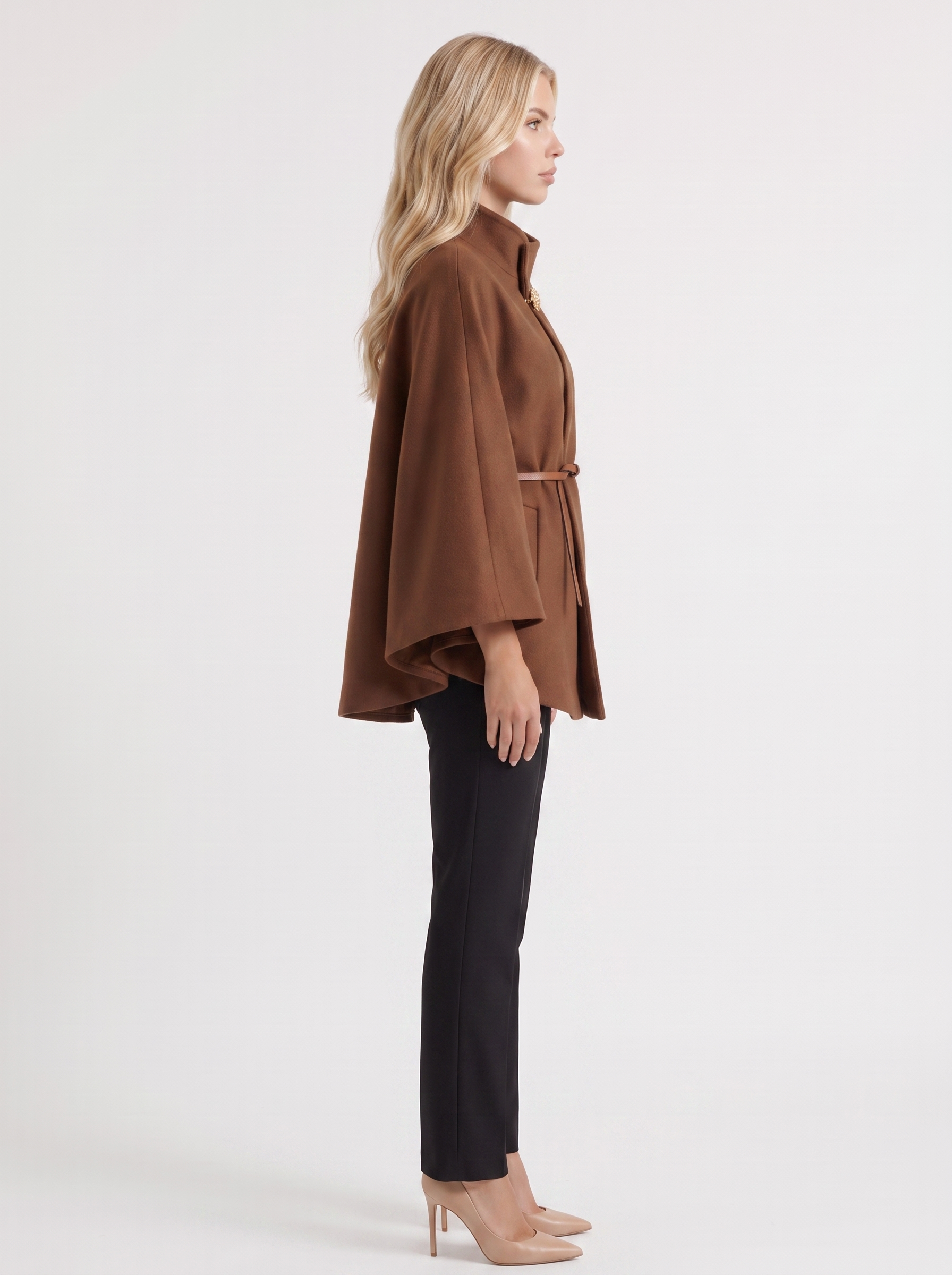 Women brown wool blend cape jacket with funnel neck, button fastening and slim belt, side view