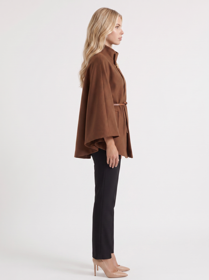 Women brown wool blend cape jacket with funnel neck, button fastening and slim belt, side view