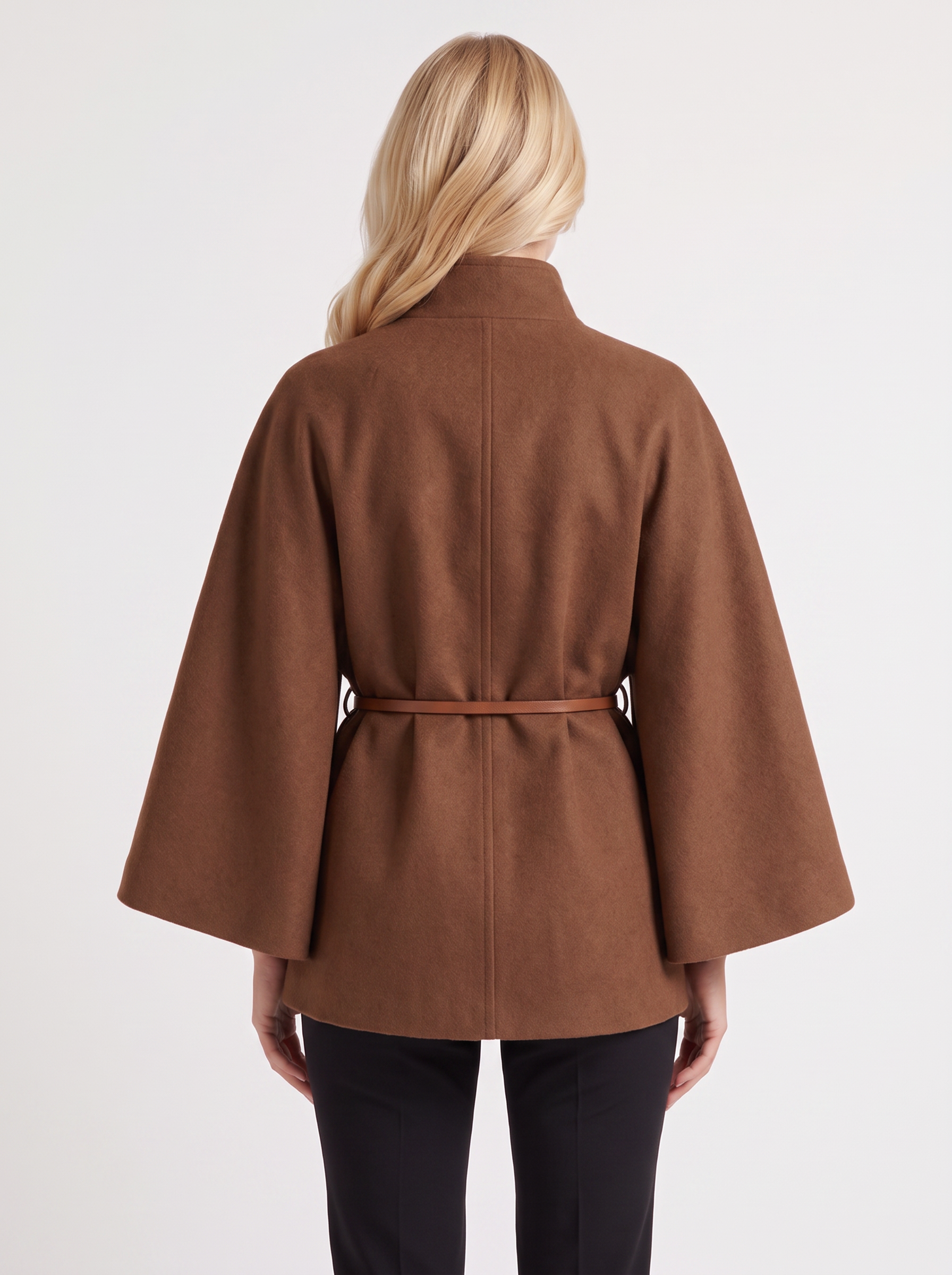 Women brown wool blend cape jacket with funnel neck, button fastening and slim belt, back view