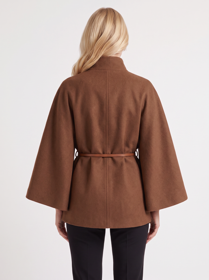 Women brown wool blend cape jacket with funnel neck, button fastening and slim belt, back view