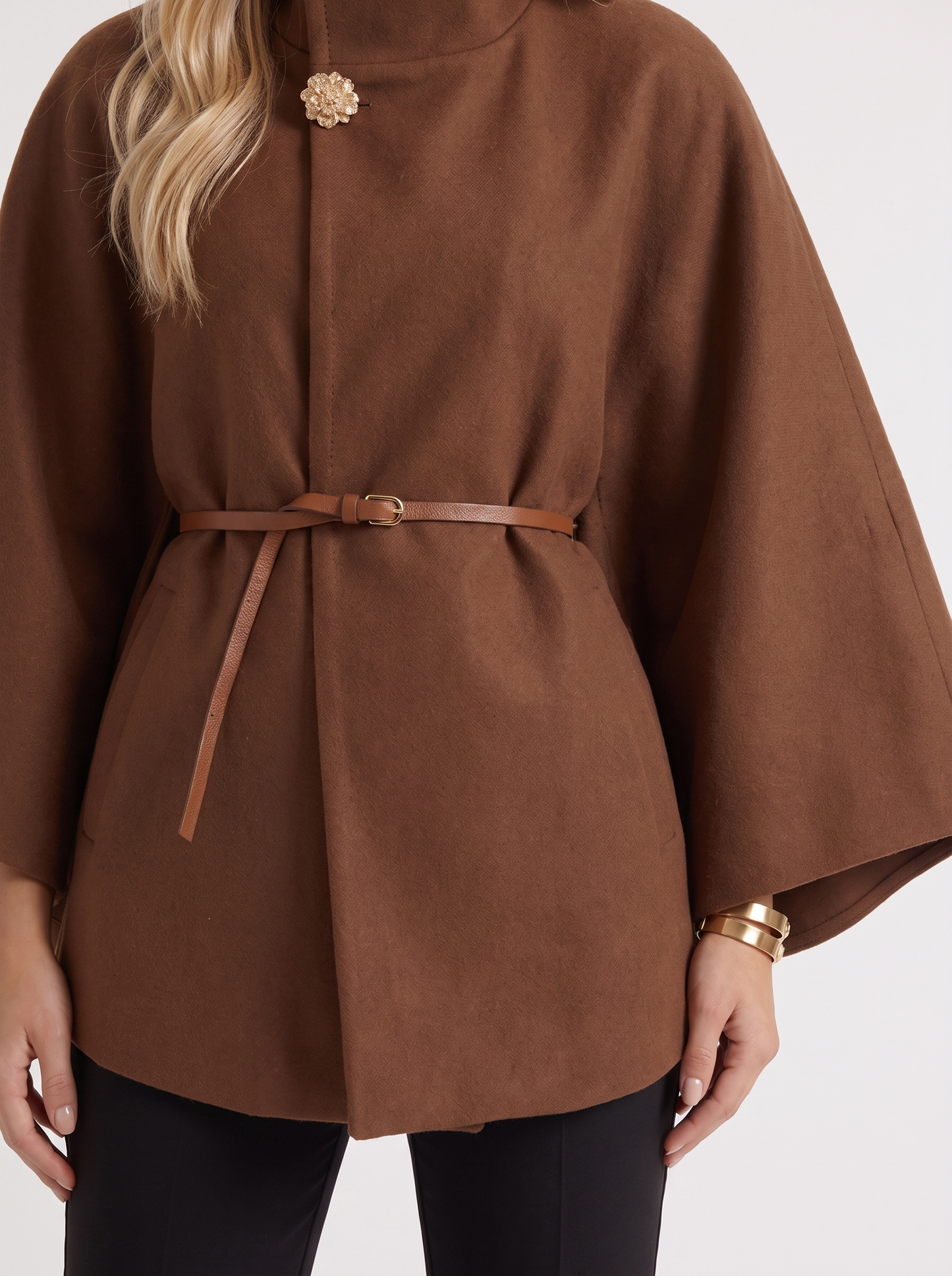Women brown wool blend cape jacket with funnel neck, button fastening and slim belt, fabric closeup