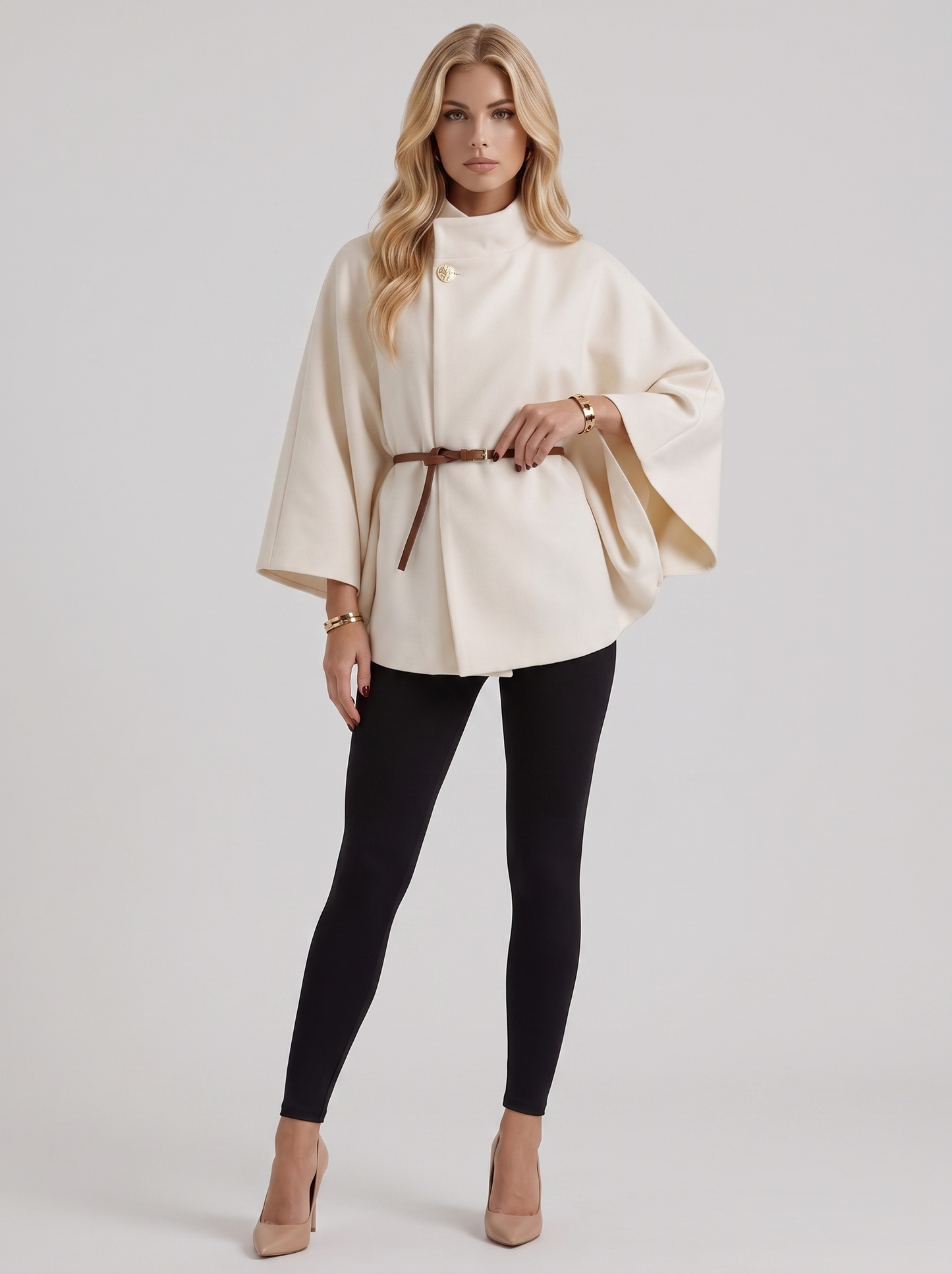 Women cream wool blend cape jacket with funnel neck, button fastening and slim belt, front view