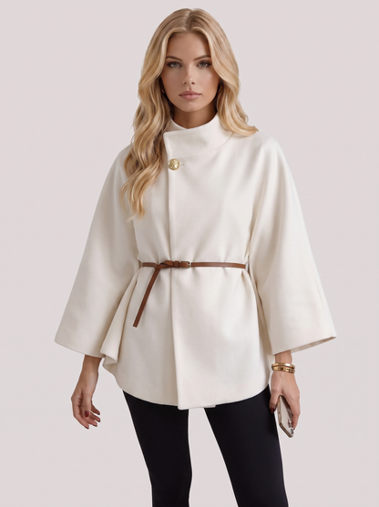 Women cream wool blend cape jacket with funnel neck, button fastening and slim belt, front detail