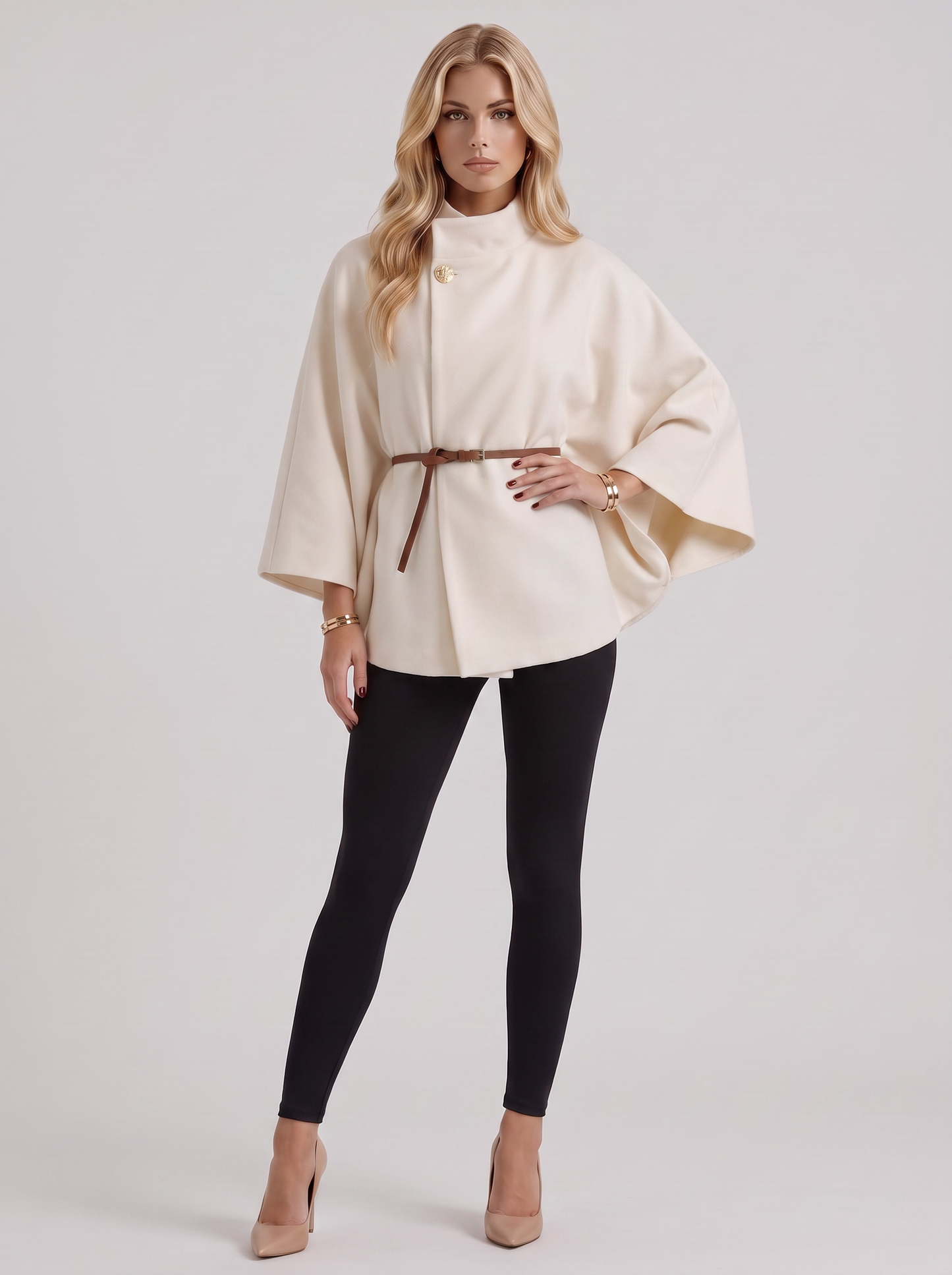 Women cream wool blend cape jacket with funnel neck, button fastening and slim belt, three quarter view