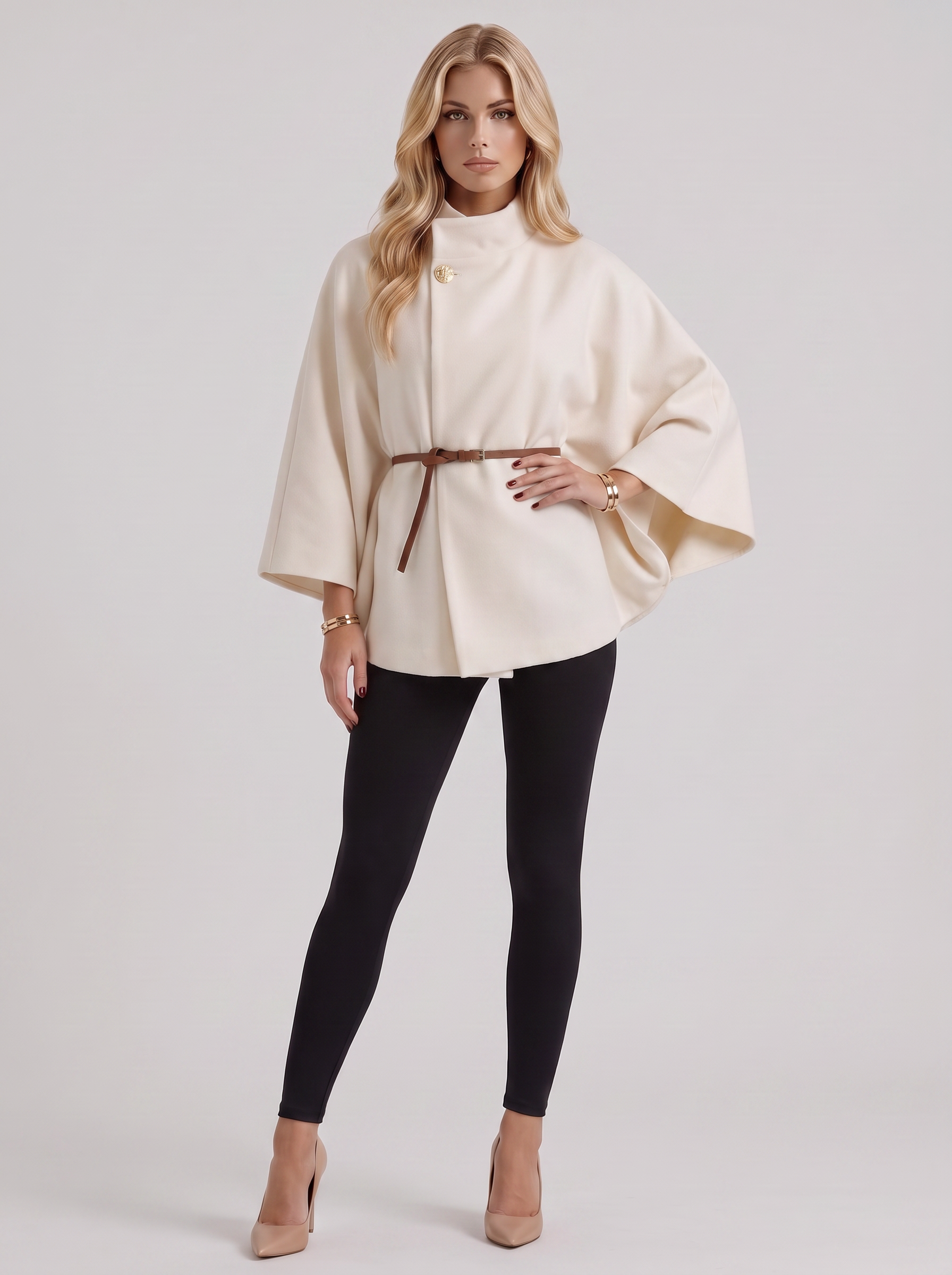 Women cream wool blend cape jacket with funnel neck, button fastening and slim belt, three quarter view