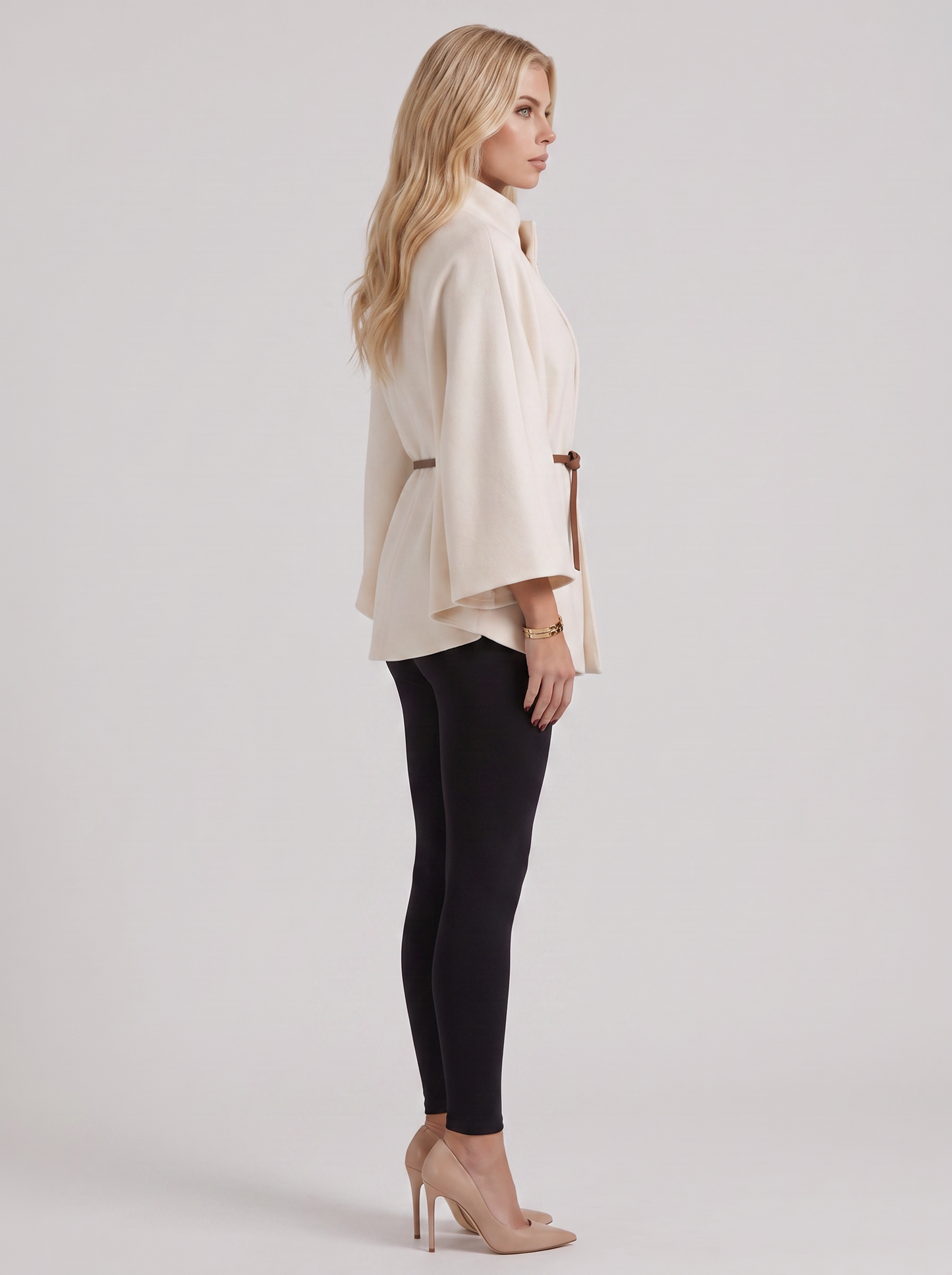 Women cream wool blend cape jacket with funnel neck, button fastening and slim belt, side view