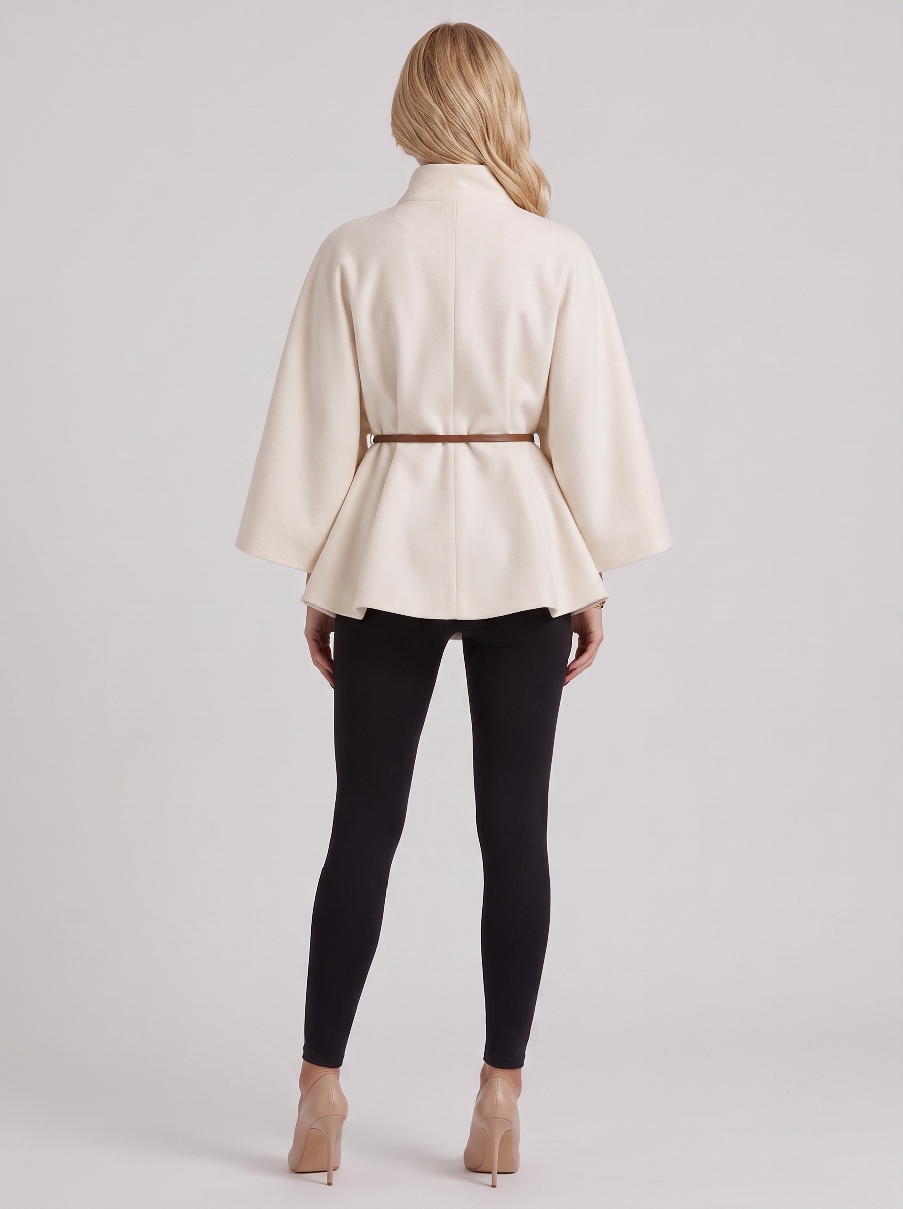 Women cream wool blend cape jacket with funnel neck, button fastening and slim belt, back view