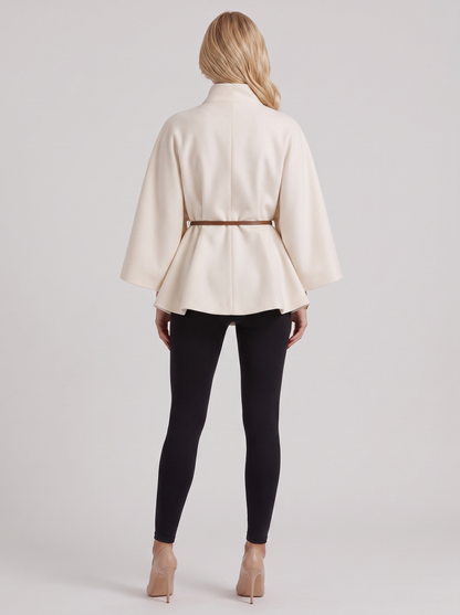 Women cream wool blend cape jacket with funnel neck, button fastening and slim belt, back view
