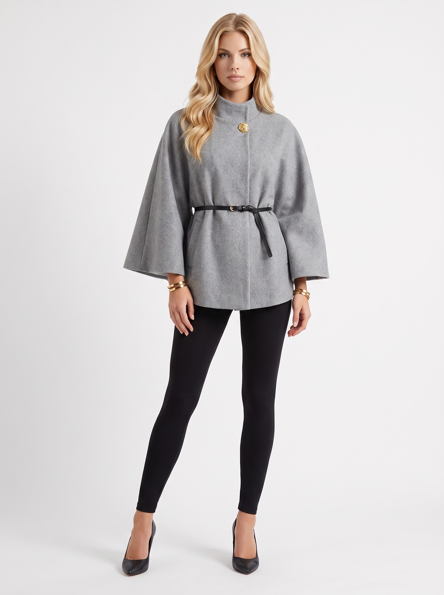 Women gray wool blend cape jacket with funnel neck, button fastening and slim belt, front view