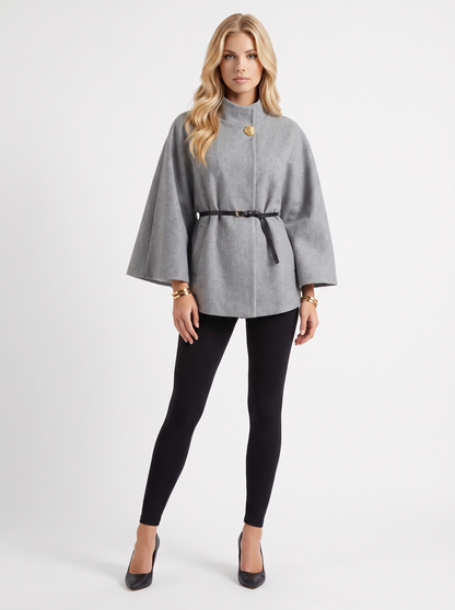 Women gray wool blend cape jacket with funnel neck, button fastening and slim belt, front view