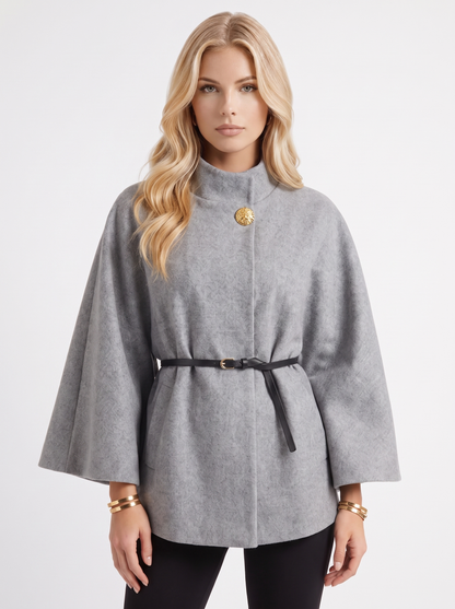Women gray wool blend cape jacket with funnel neck, button fastening and slim belt, front detail
