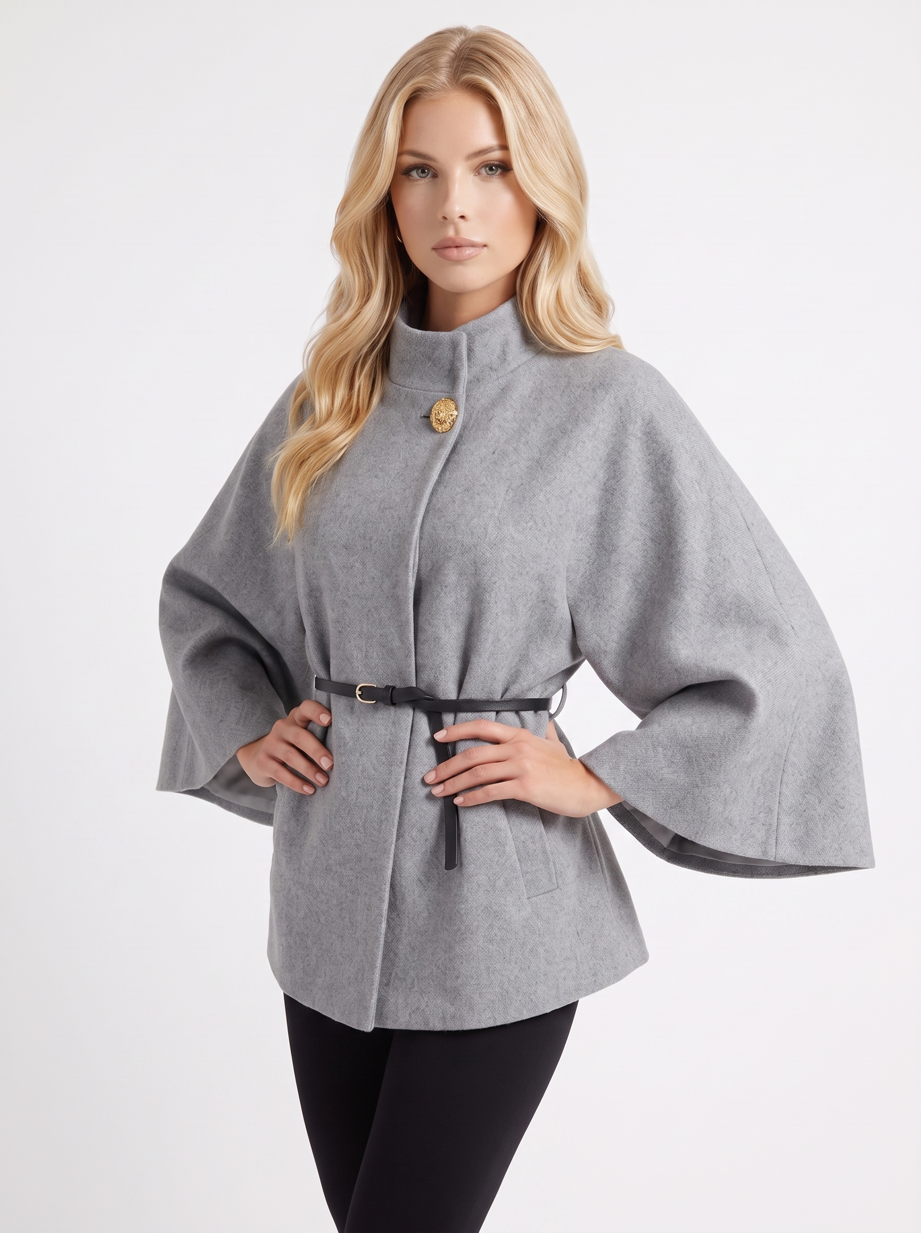 Women gray wool blend cape jacket with funnel neck, button fastening and slim belt, three quarter view