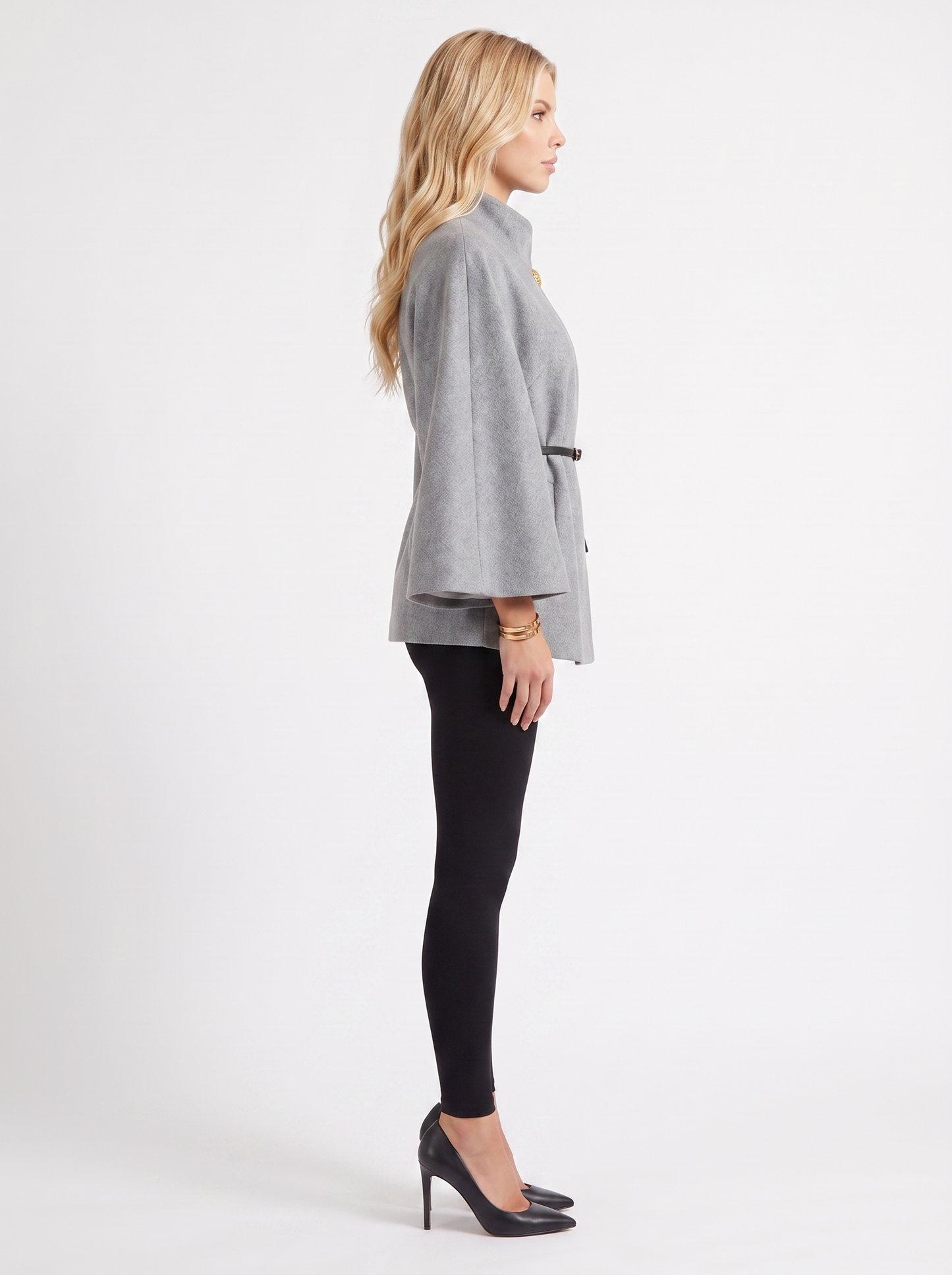 Women gray wool blend cape jacket with funnel neck, button fastening and slim belt, side view