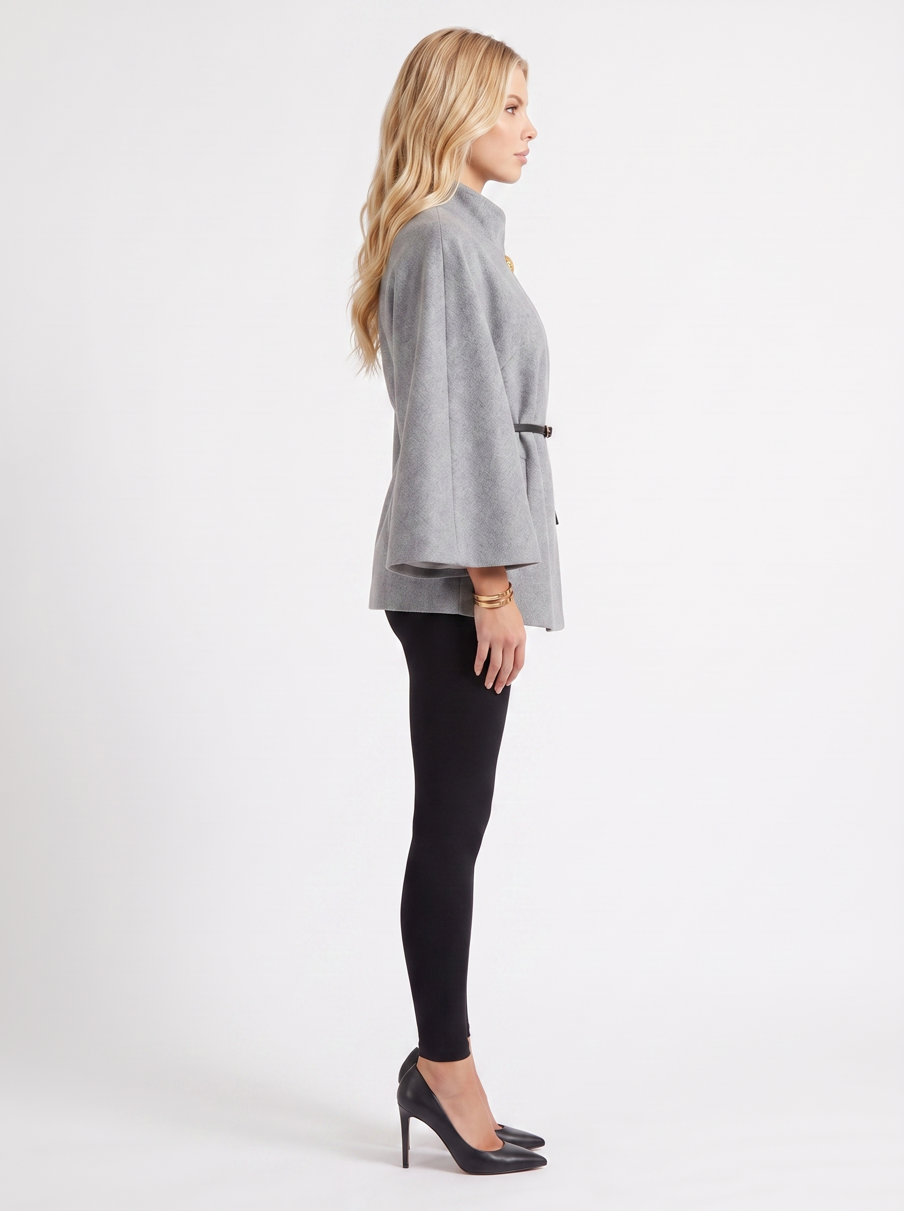 Women gray wool blend cape jacket with funnel neck, button fastening and slim belt, side view