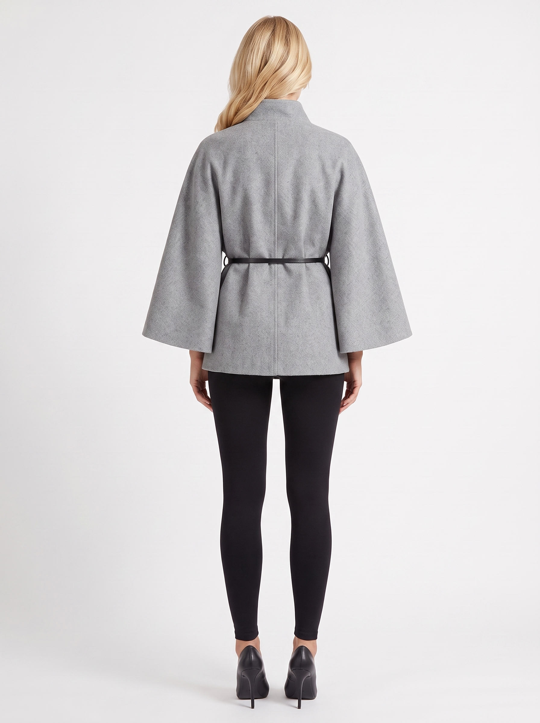 Women gray wool blend cape jacket with funnel neck, button fastening and slim belt, back view