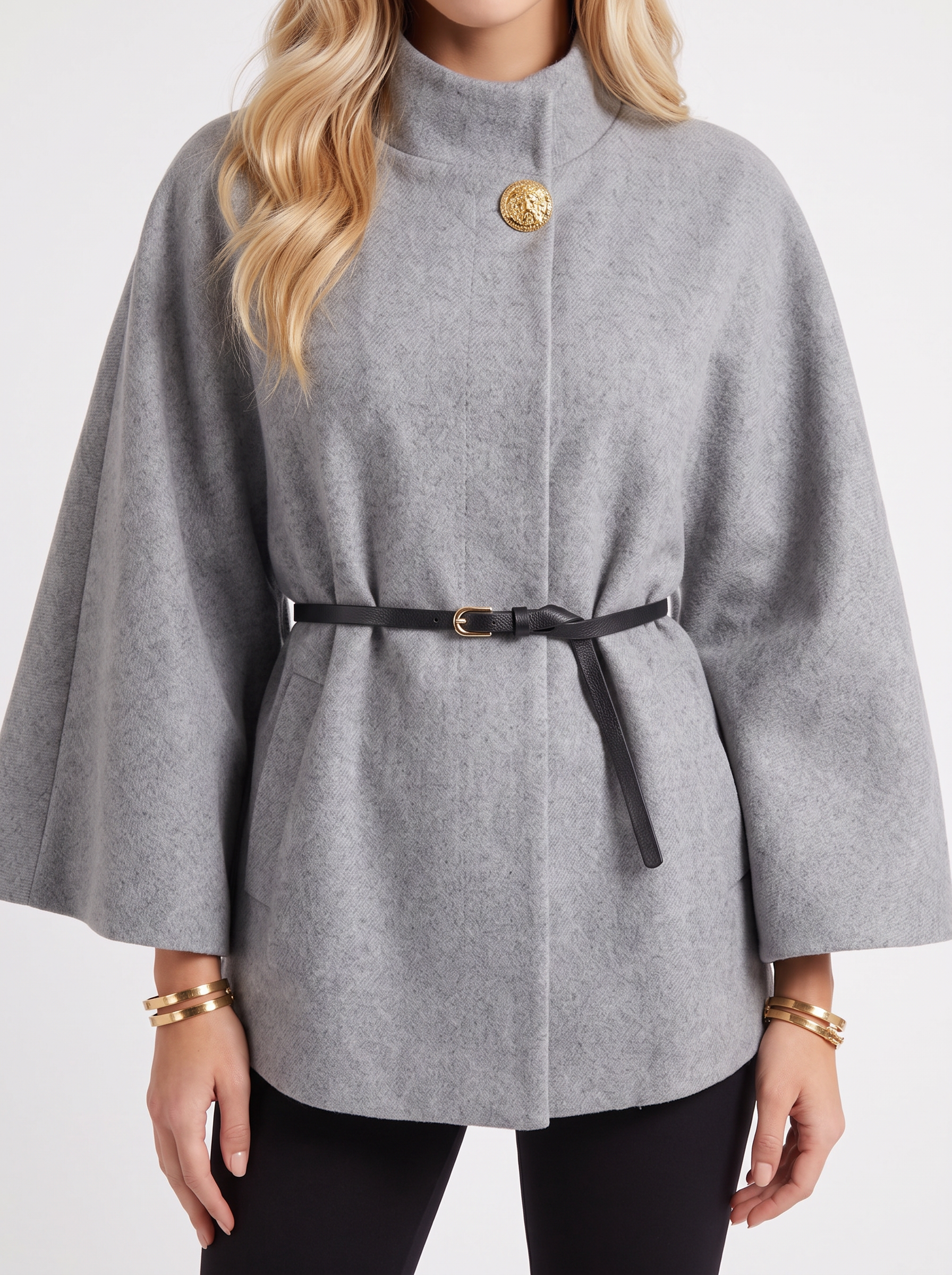 Women gray wool blend cape jacket with funnel neck, button fastening and slim belt, fabric closeup