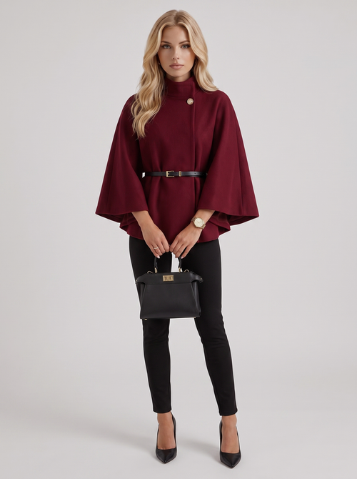 Women burgundy wool blend cape jacket with funnel neck, button fastening and slim belt, front view