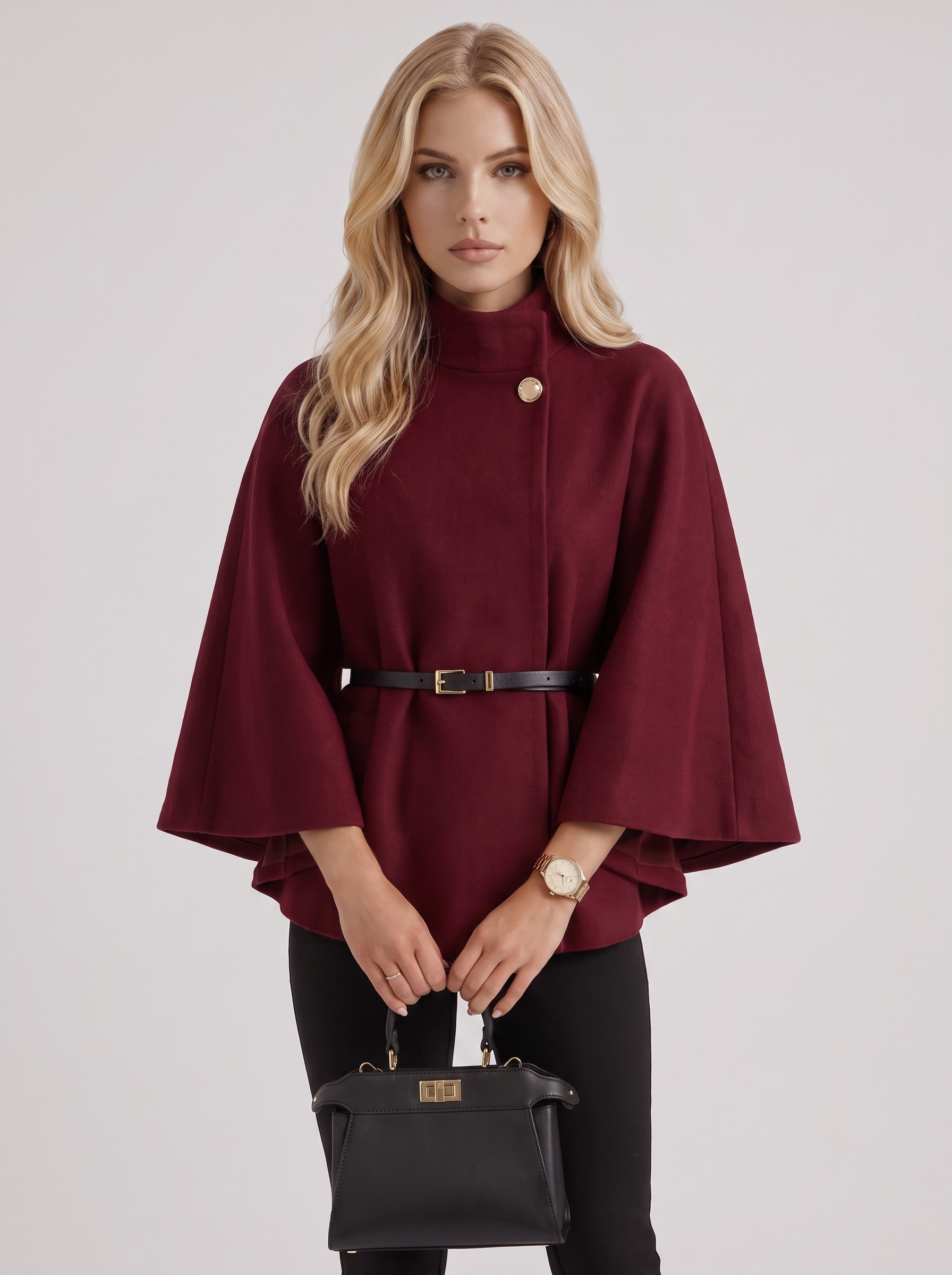 Women burgundy wool blend cape jacket with funnel neck, button fastening and slim belt, front detail