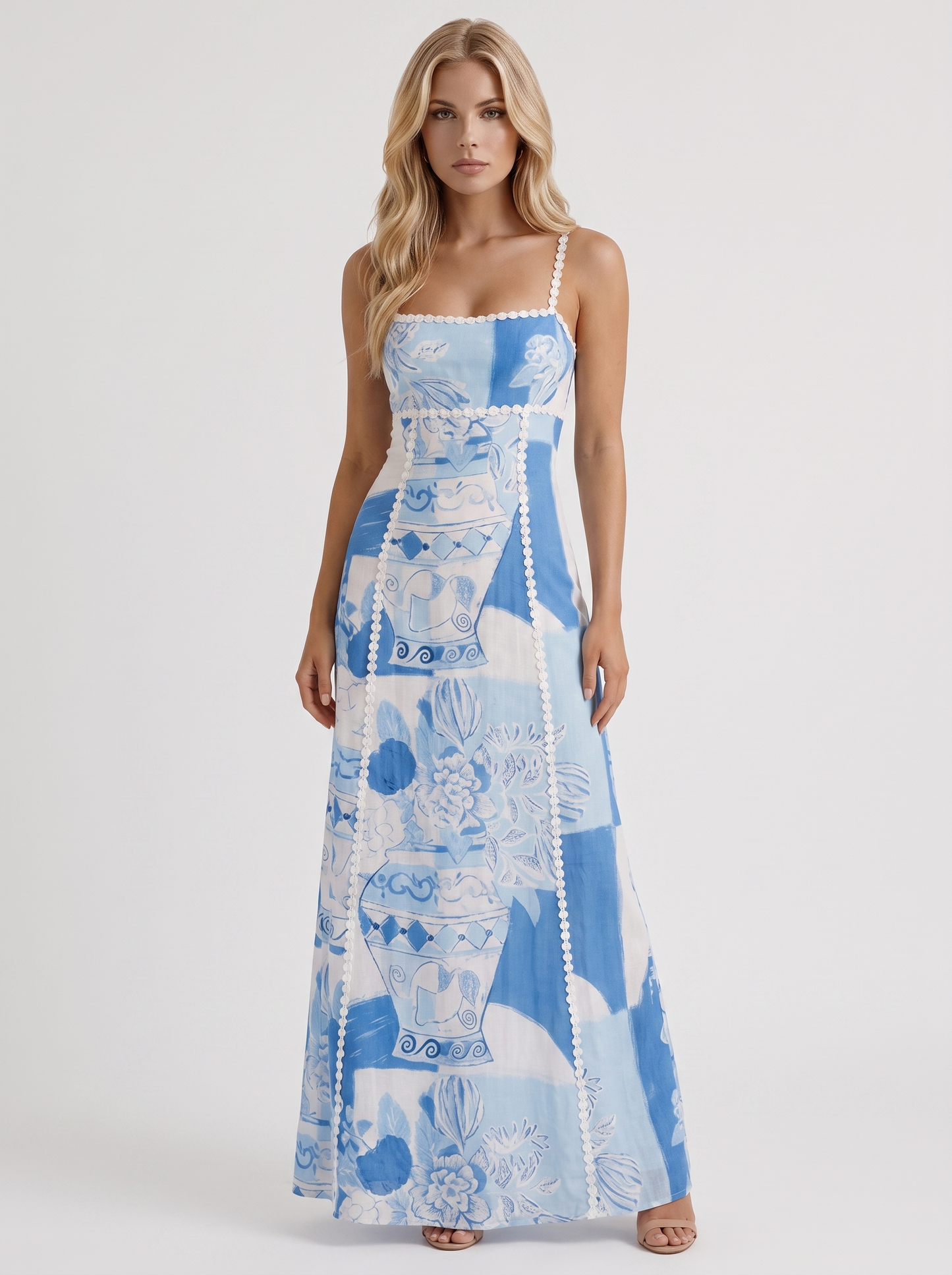 Women blue printed maxi dress with daisy braid trim and tie back bow