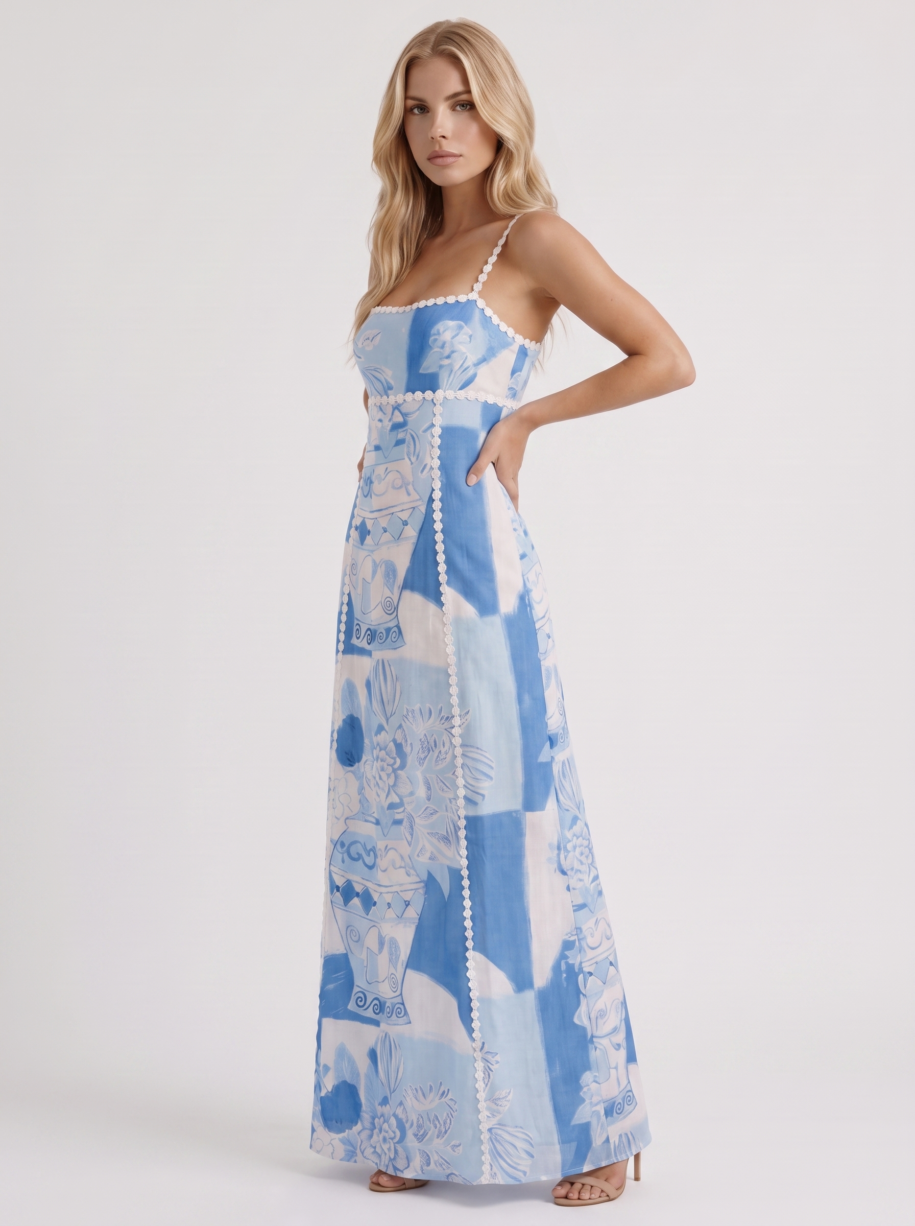 Women blue printed maxi dress with daisy braid trim and tie back bow