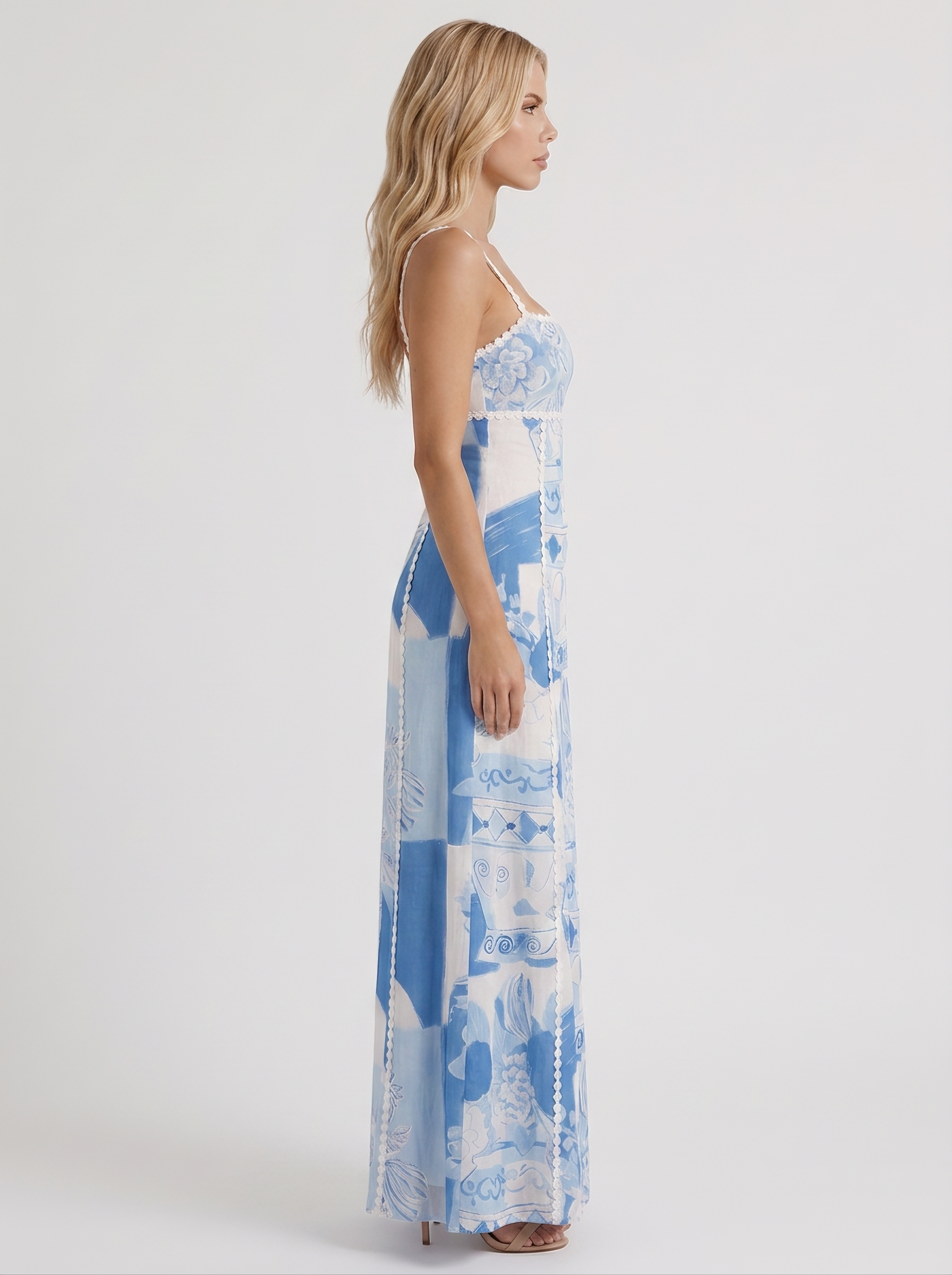 Women blue printed maxi dress with daisy braid trim and tie back bow