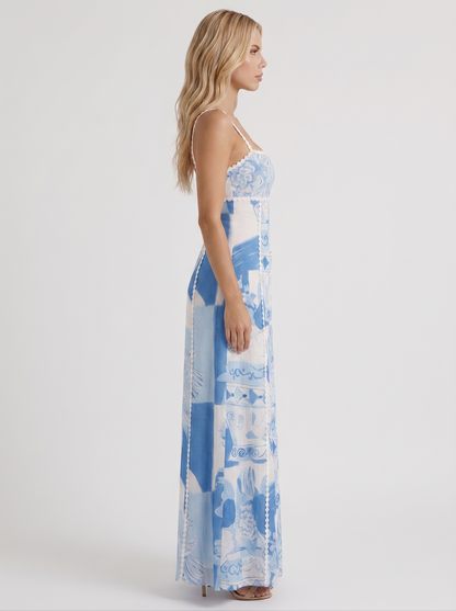 Women blue printed maxi dress with daisy braid trim and tie back bow