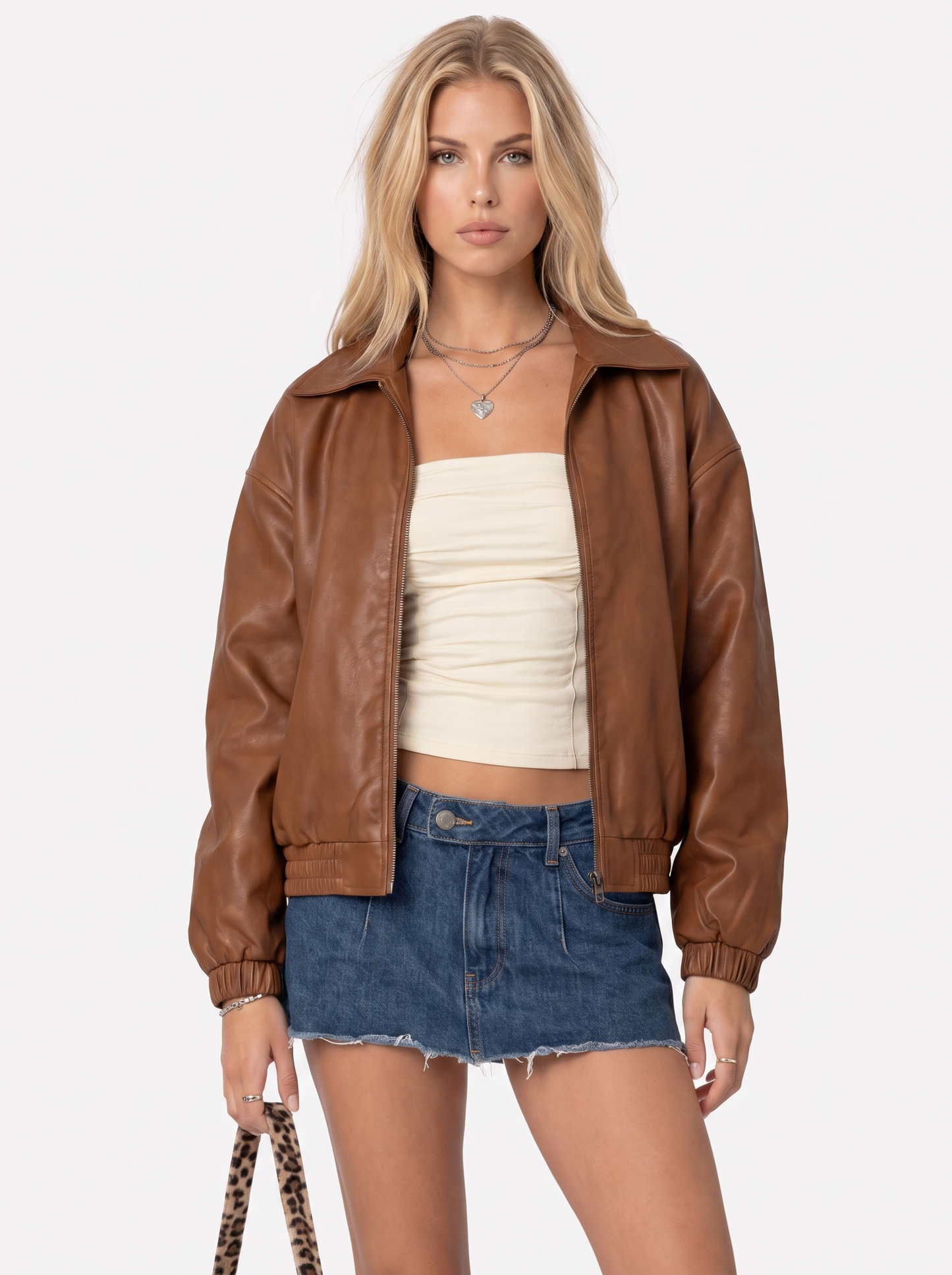 Women brown oversized faux leather bomber jacket with point collar and ribbed cuffs, front detail