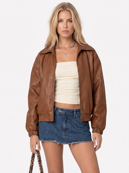 Women brown oversized faux leather bomber jacket with point collar and ribbed cuffs, front detail