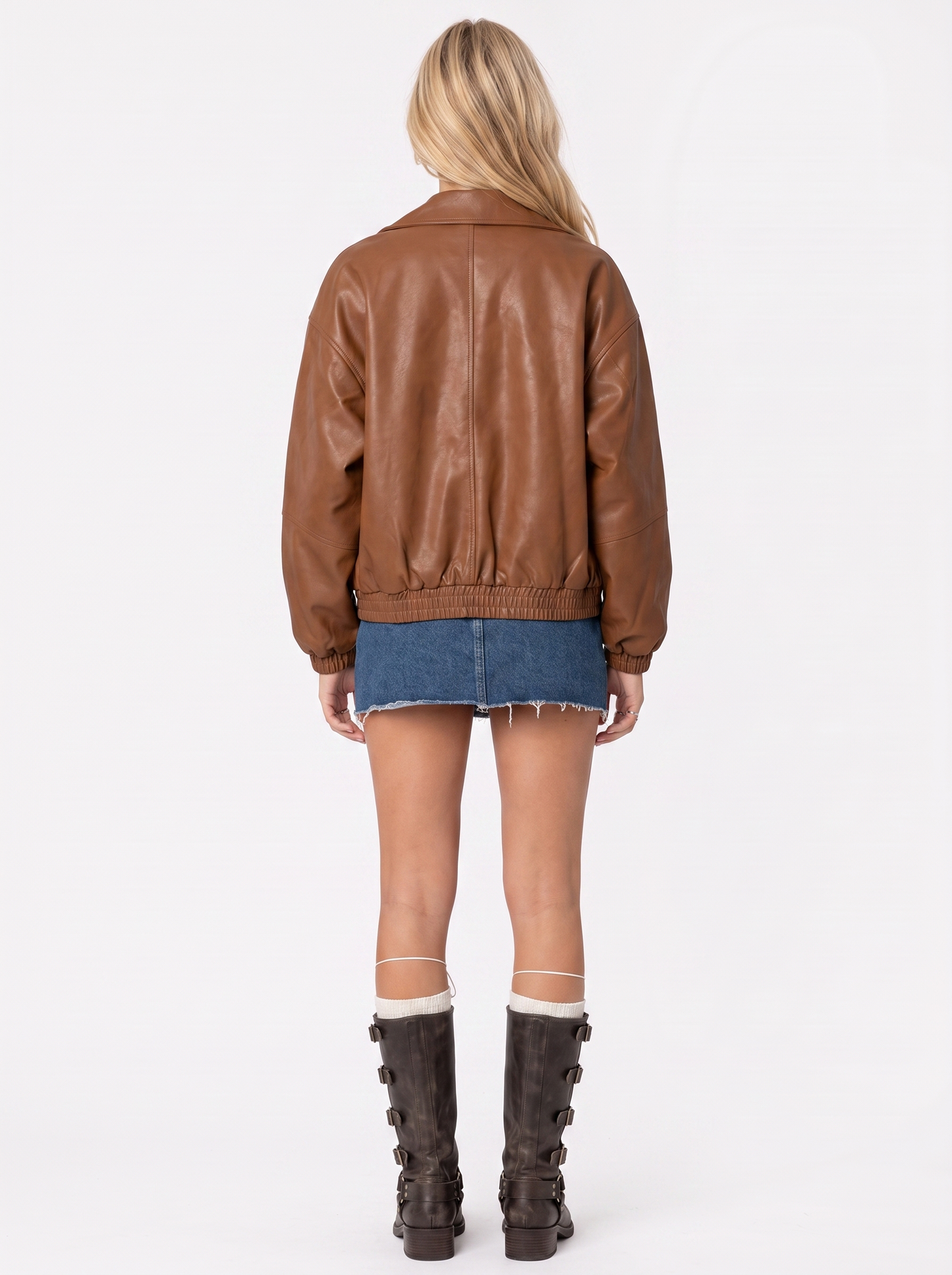 Women brown oversized faux leather bomber jacket with point collar and ribbed cuffs, back view
