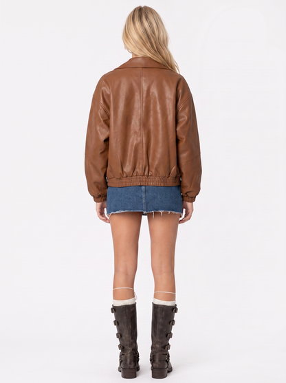 Women brown oversized faux leather bomber jacket with point collar and ribbed cuffs, back view