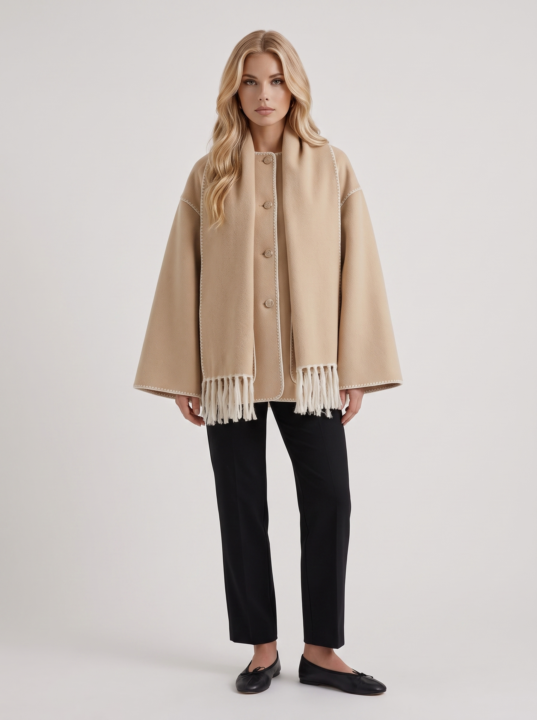 Women beige wool blend coat with attached fringed scarf and blanket stitch edges, front view