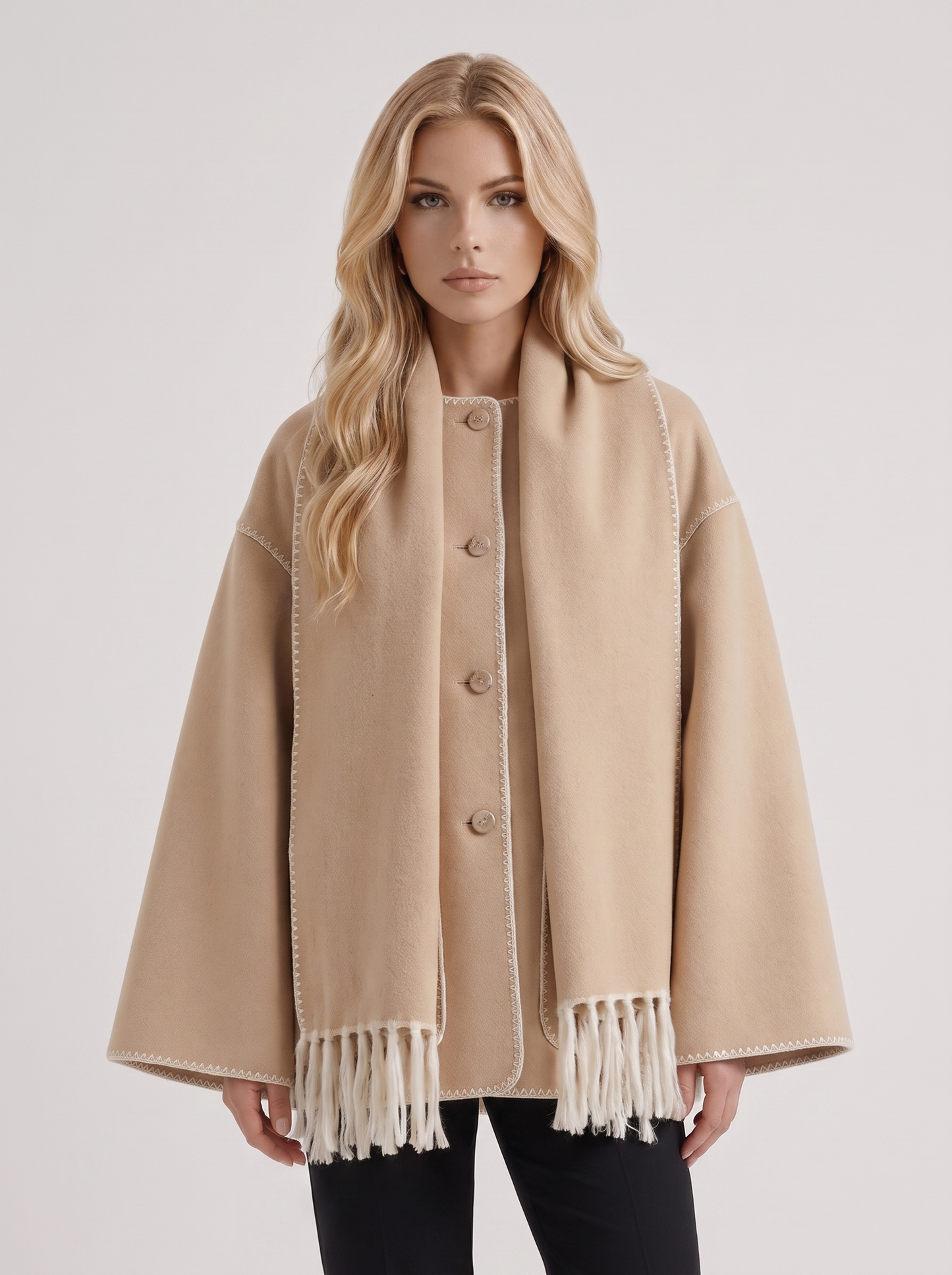 Women beige wool blend coat with attached fringed scarf and blanket stitch edges, front detail