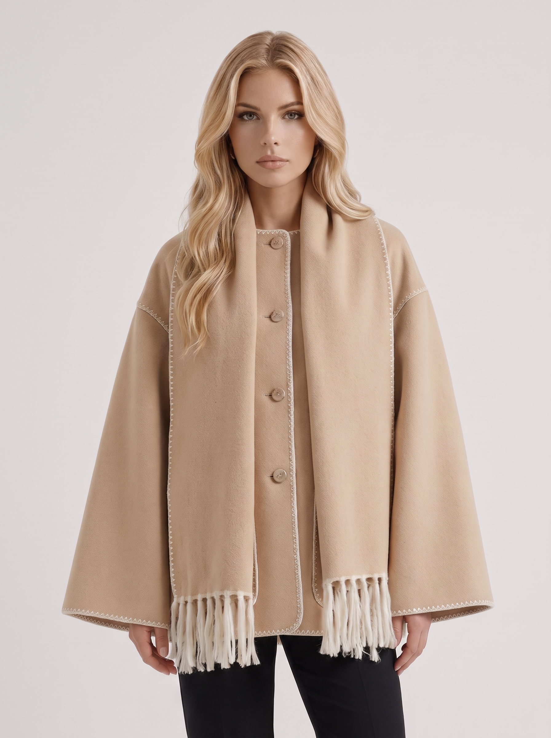 Women beige wool blend coat with attached fringed scarf and blanket stitch edges, front detail