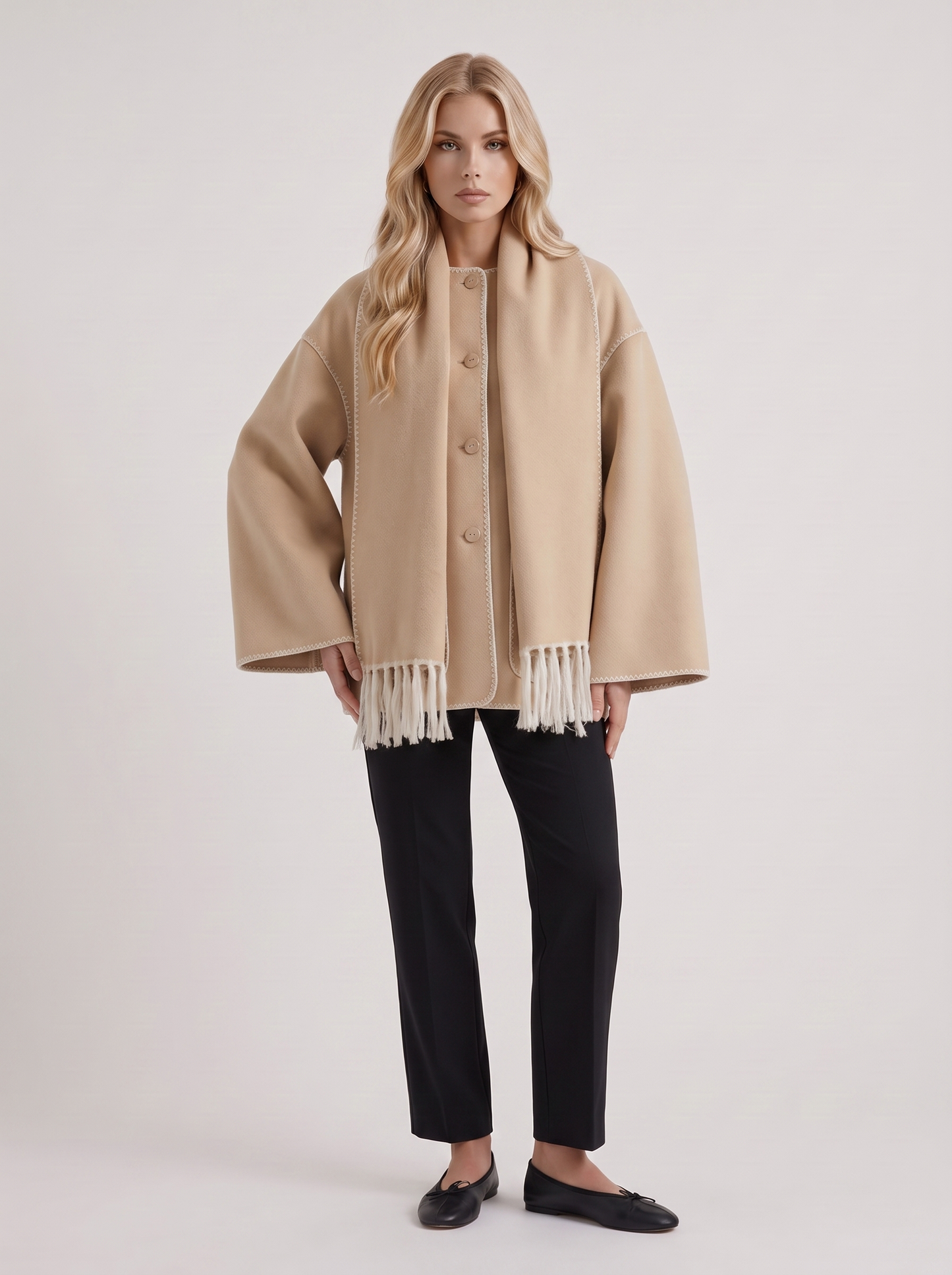 Women beige wool blend coat with attached fringed scarf and blanket stitch edges, three quarter view